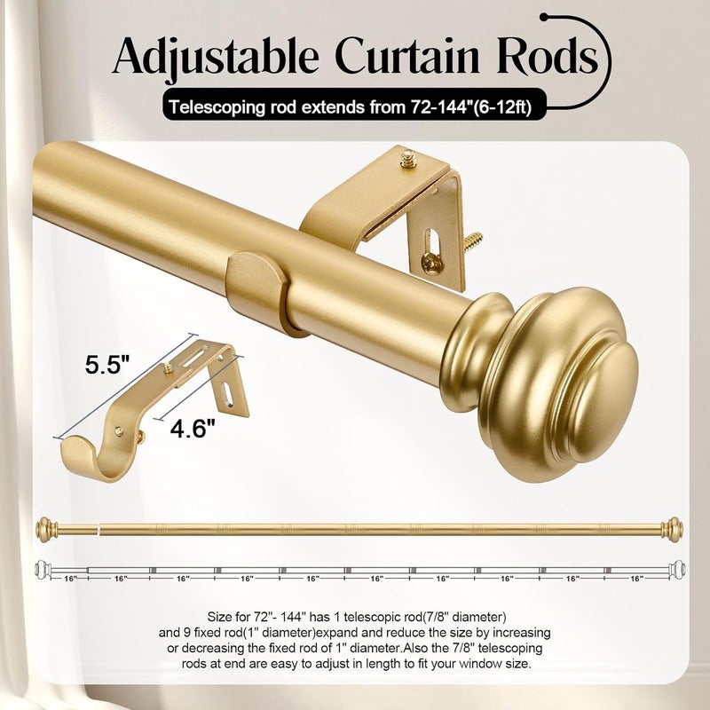 SIMEWIN Heavy Duty Curtain Rods for Windows 72 to 144 Inches, 1 Inch Gold Curtain Rod for Bedroom, Living Room, Patio, Kitchen, Adjustable Curtains Rods with Classic Finials, Gold Finishing - Image 5